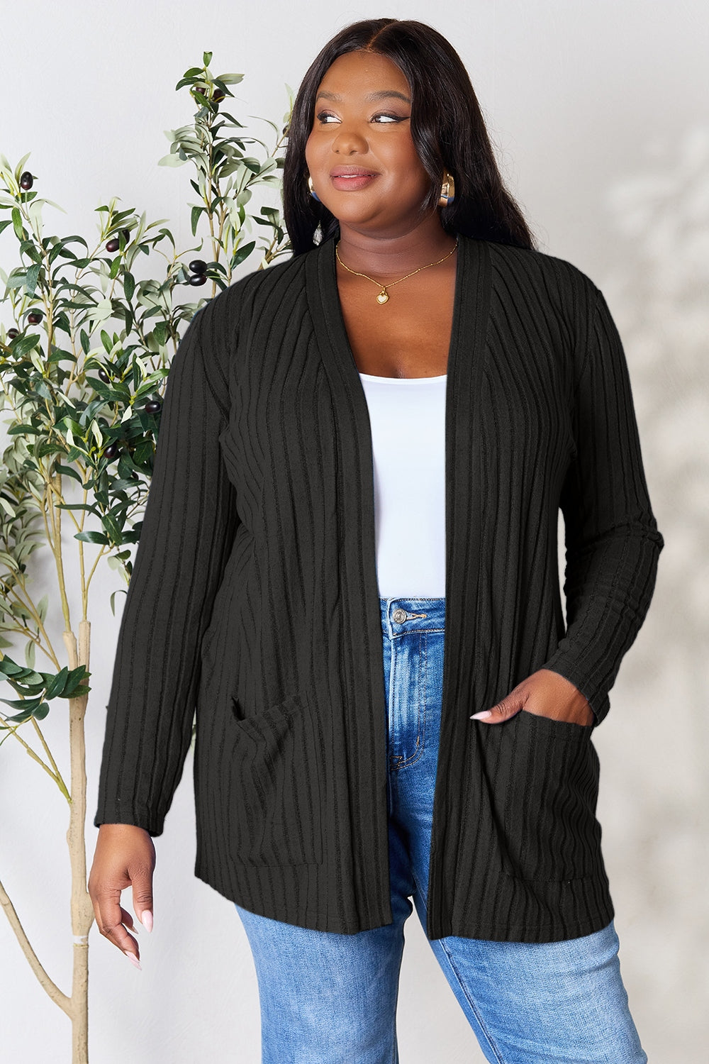 Basic Bae Full Size Ribbed Open Front Cardigan with Pockets Cardigan Trendsi Black S 