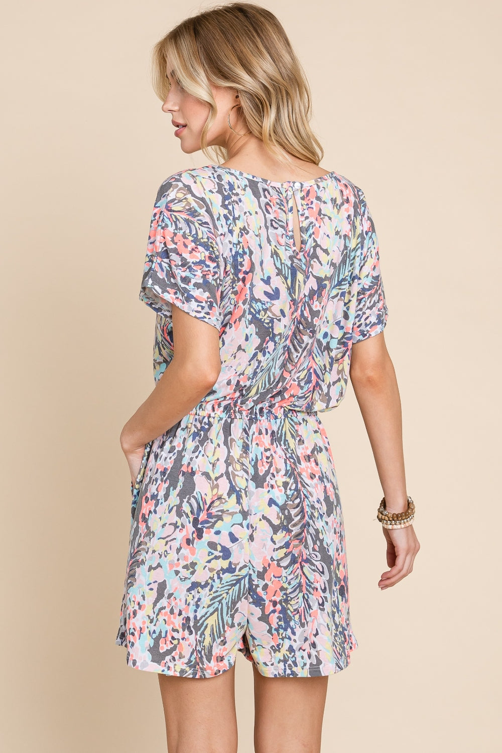 BOMBOM Printed Short Sleeve Drawstring Romper - NeoKira Unlimited