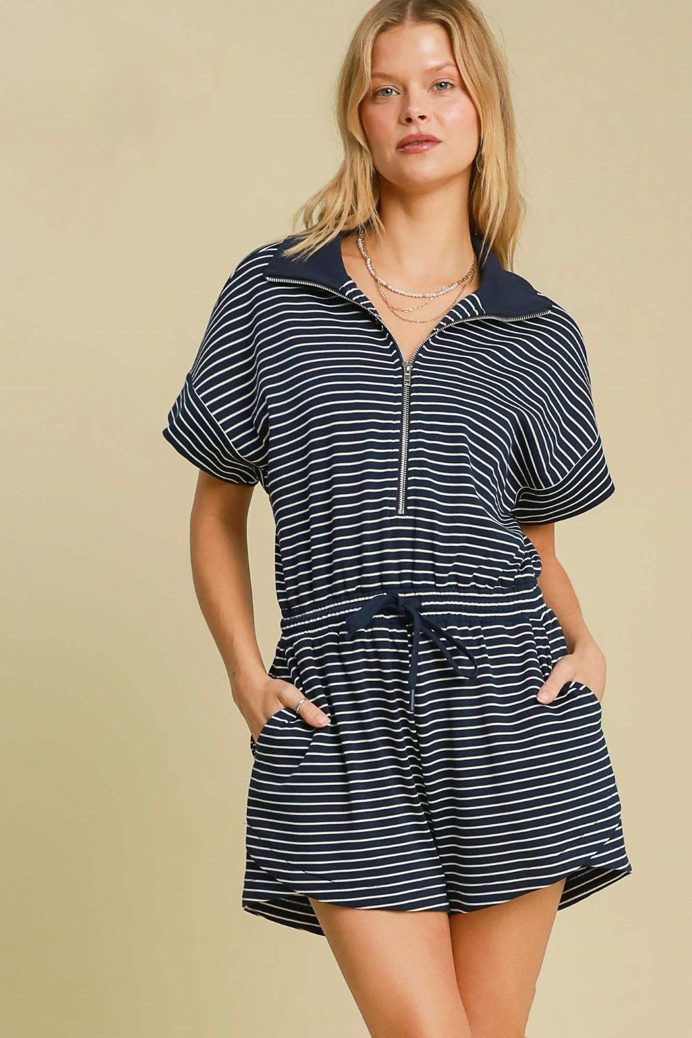 Umgee Full Size Half Zip Striped Romper Plus Size - NeoKira Unlimited