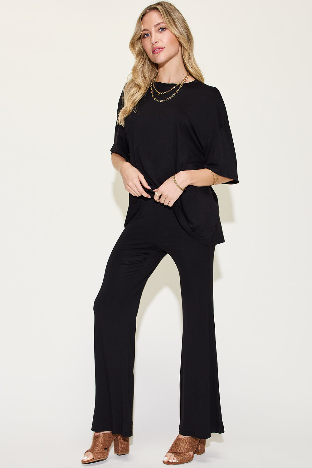 Basic Bae Full Size Bamboo Drop Shoulder T-Shirt and Flare Pants Set Pants Set Trendsi Black S 