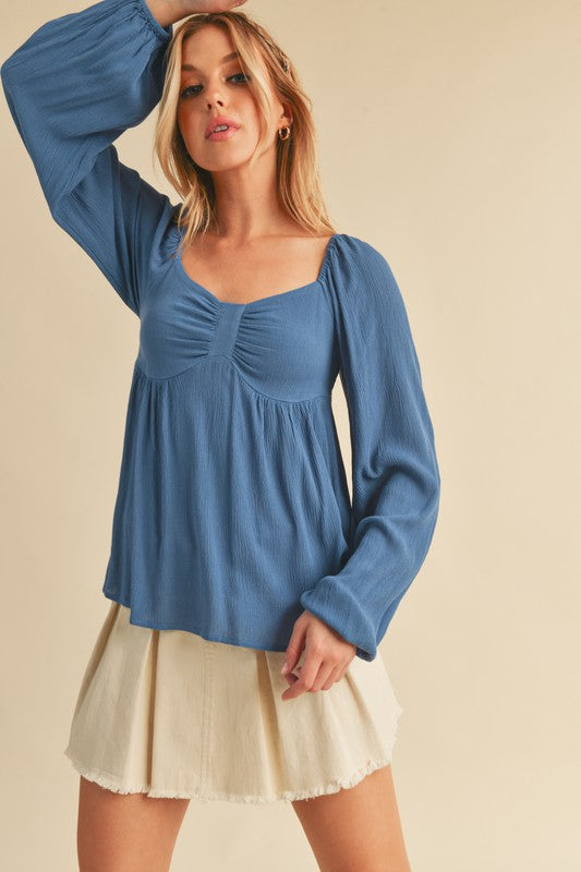 Aemi + Co Ruched Sweetheart Neck Balloon Sleeve Blouse - NeoKira Unlimited