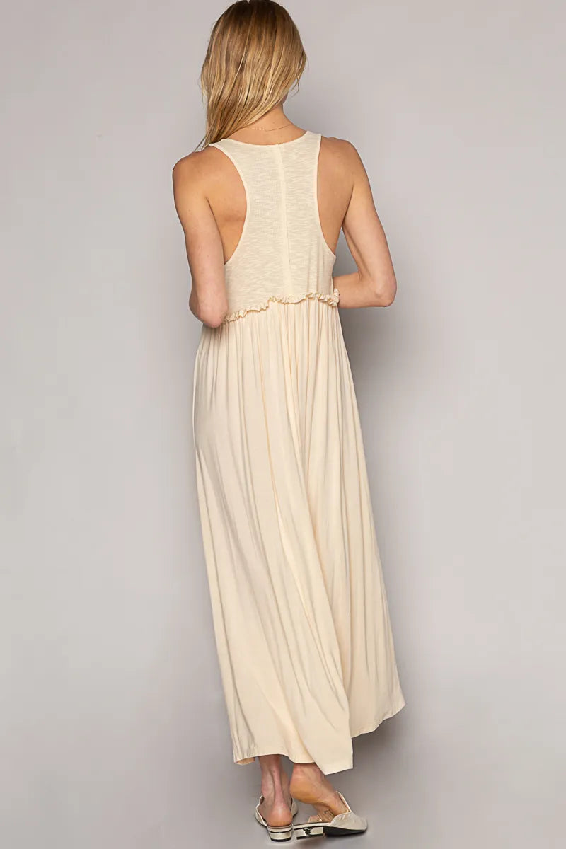 POL Boho Neutral Beige Side Slit Maxi Cami Dress with Adjustable Straps - NeoKira Unlimited
