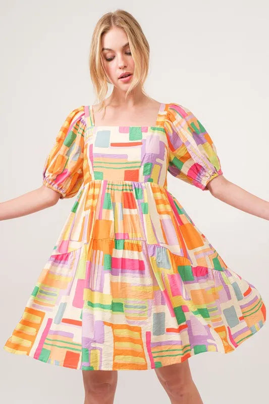 And The Why Square Neck Puff Sleeve Geo Printed Mini Dress - NeoKira Unlimited