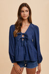 Annie Wear Tie Front Peplum Long Sleeve Denim Top - NeoKira Unlimited