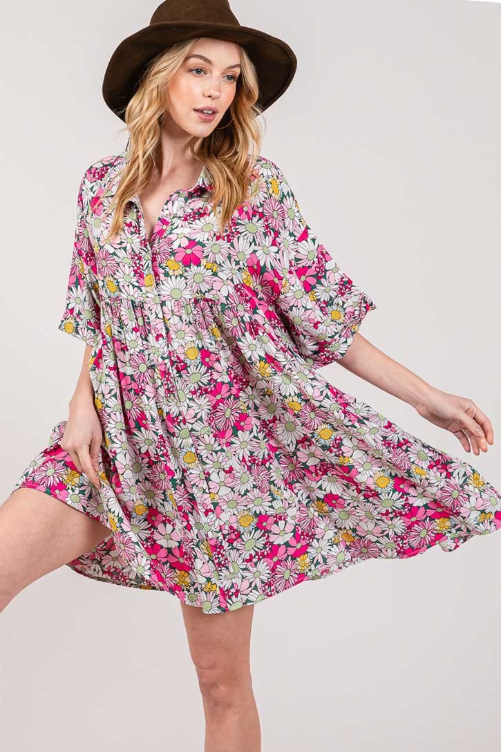 SAGE + FIG Floral Button Down Mini Shirt Dress Mini Dress Trendsi   