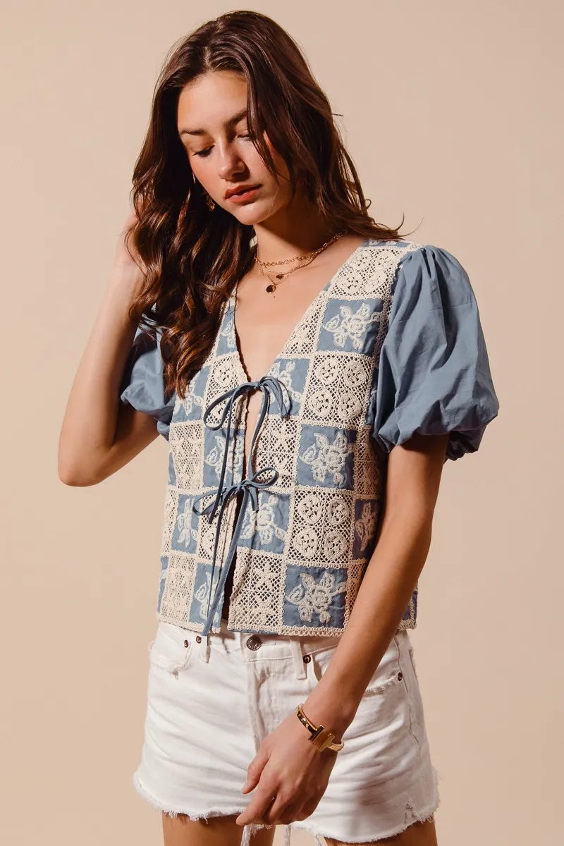 SO ME Boho Patchwork Tie Front Puff Sleeve V Neck Cropped Blouse - NeoKira Unlimited