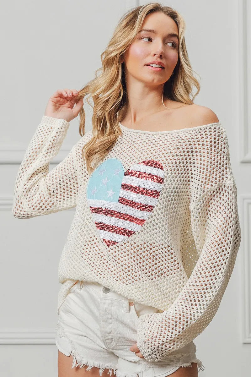 BiBi Sequin American Flag Heart Knit Up - NeoKira Unlimited