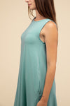 Sleeveless Flared Slip Summer Dress with Side Pockets Mini Dress ZENANA DUSTY TEAL S 