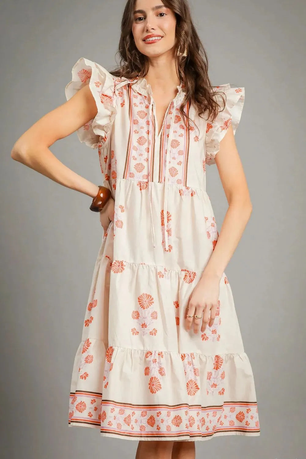 Umgee Boho Coral Garden Floral Tie Neck Midi Dress Tiered A-Line Fit - NeoKira Unlimited