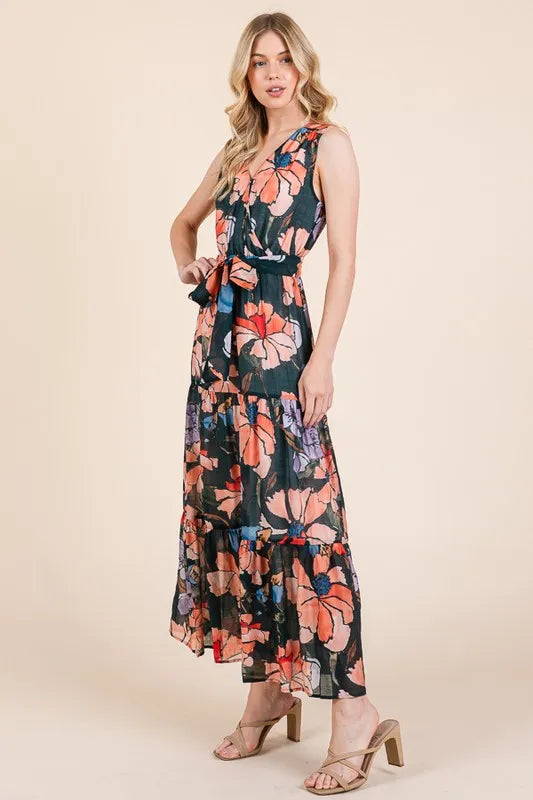Lime 'N' Chili Floral Print Sleeveless Tie Waist Maxi Dress Feminine Flowing - NeoKira Unlimited