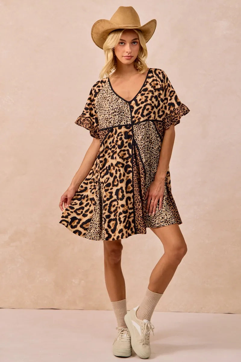BiBi Leopard Print Mini Dress – V-Neck Flutter Sleeve Belted Fit - NeoKira Unlimited