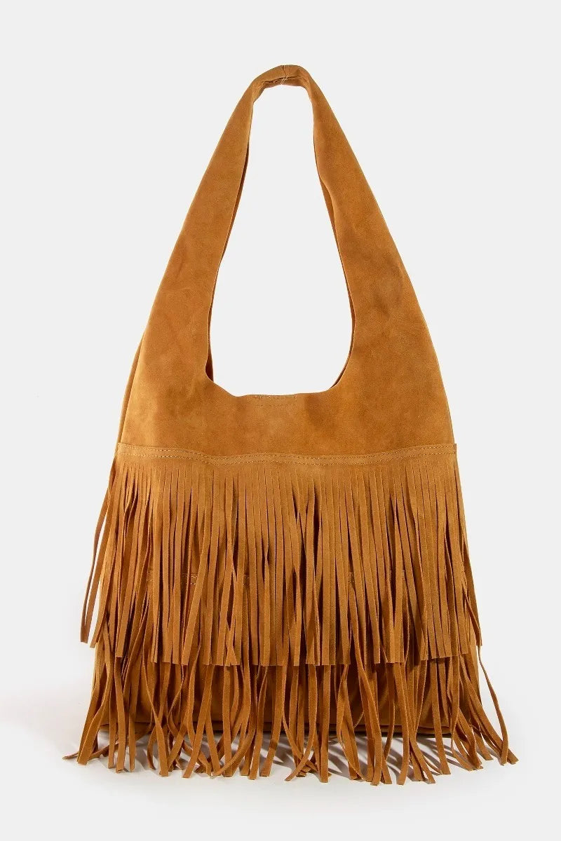 Boho Chic Layered Fringe Detail Suede Caramel Brown Hobo Bag - NeoKira Unlimited