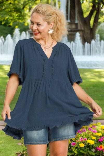 Umgee Full Size Raw Hem Notched Babydoll Linen Blouse Plus Size - NeoKira Unlimited