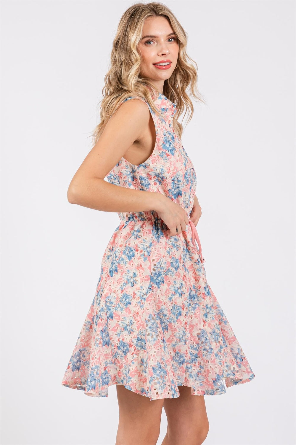 GeeGee Full Size Floral Eyelet Sleeveless Mini Dress - NeoKira Unlimited