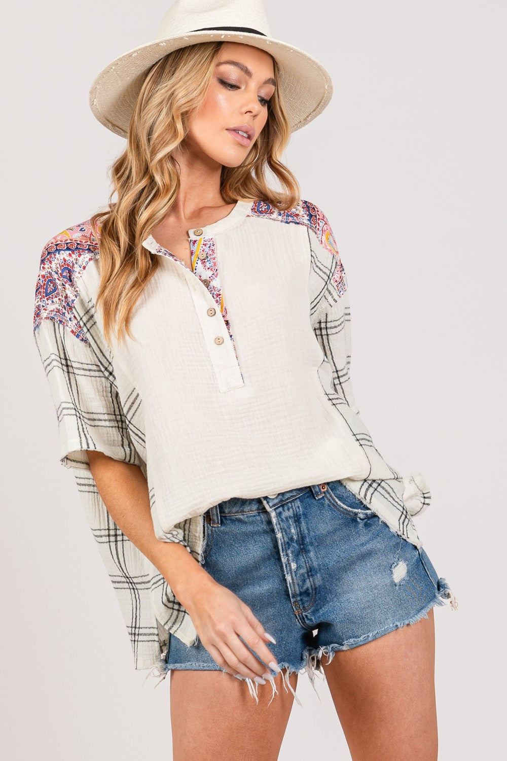 SAGE + FIG Plaid Half Button Gauze Top Top Trendsi   