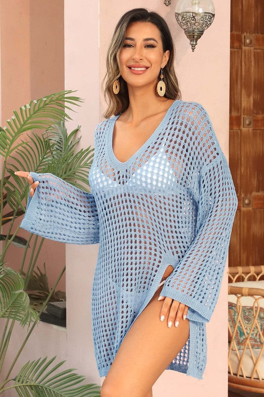 Boho Crochet Knit V-Neck Beach Cover-Up with Side Slits - NeoKira Unlimited