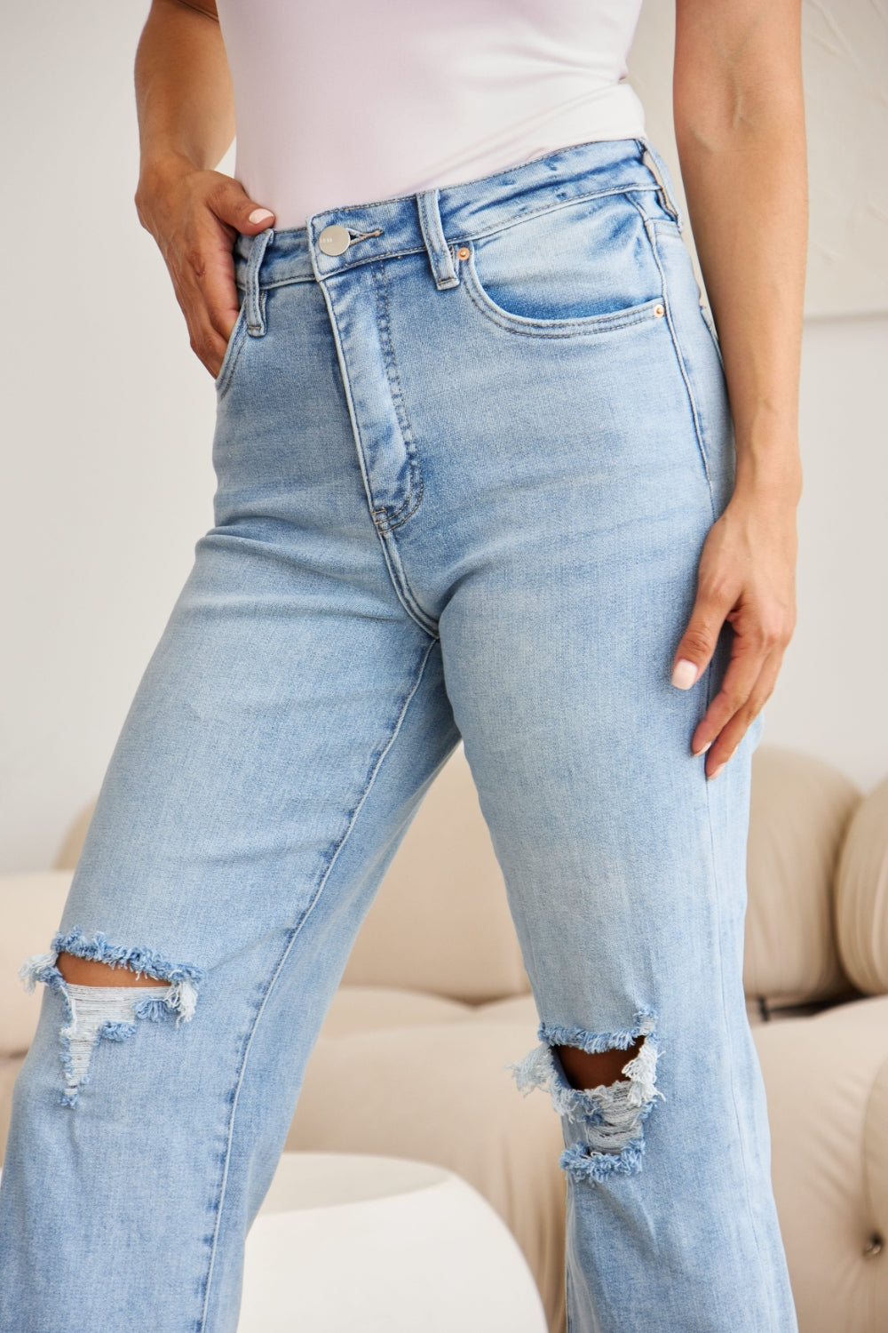 RFM Full Size Tummy Control High Waist Raw Hem Distressed Jeans - NeoKira Unlimited