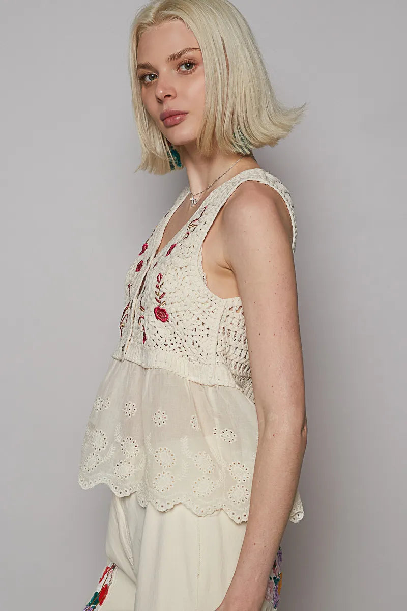 POL Embroidered Detail V-Neck Eyelet Peplum Tank - NeoKira Unlimited