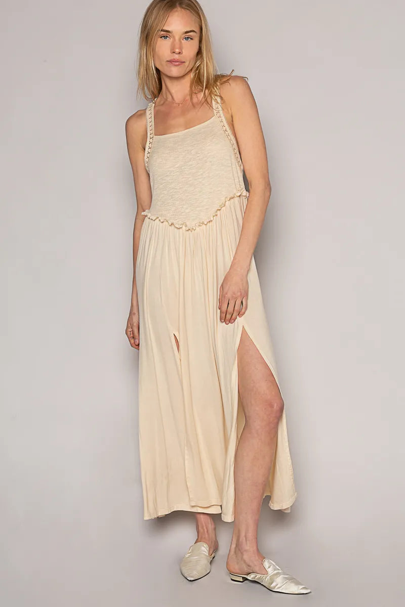 POL Boho Neutral Beige Side Slit Maxi Cami Dress with Adjustable Straps - NeoKira Unlimited