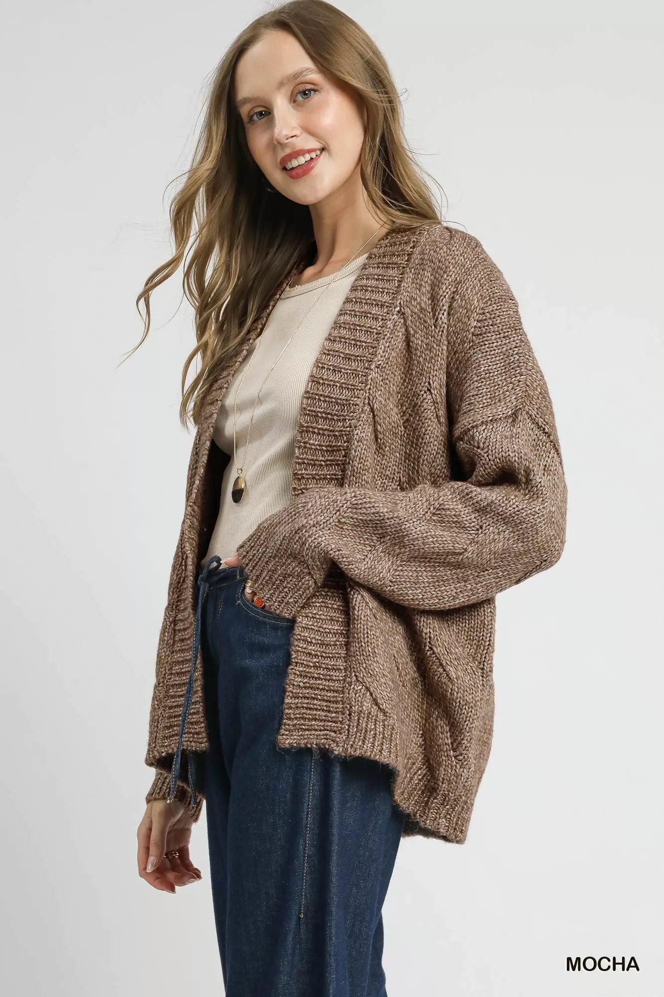 Umgee Chunky Cable Knit Open Front Cardigan Cozy Boho Style - NeoKira Unlimited