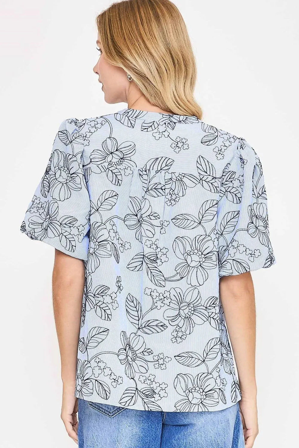Umgee Light Blue Floral Puff Sleeve Button Front Casual Blouse - NeoKira Unlimited