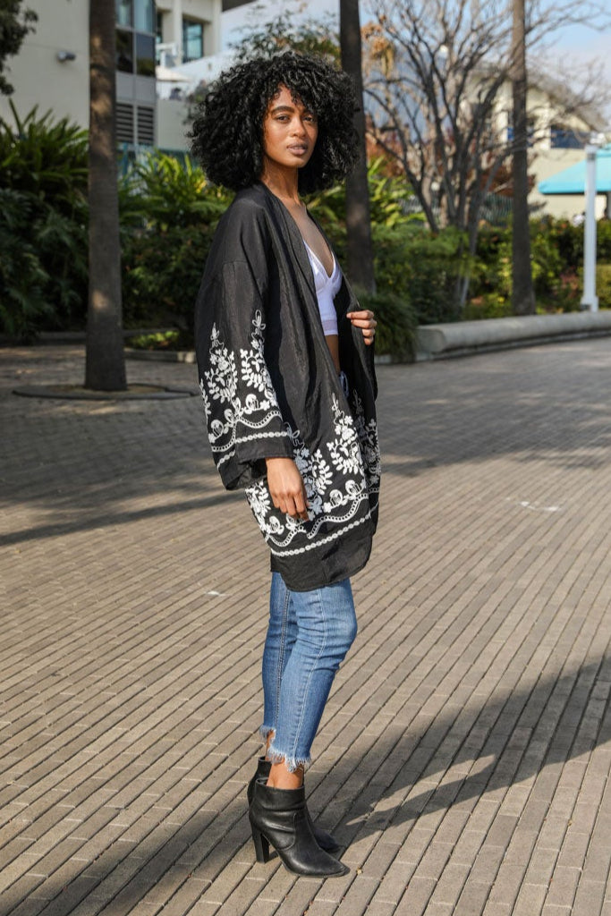 Embroidered Floral Vine Kimono – Elegant and Lightweight - NeoKira Unlimited