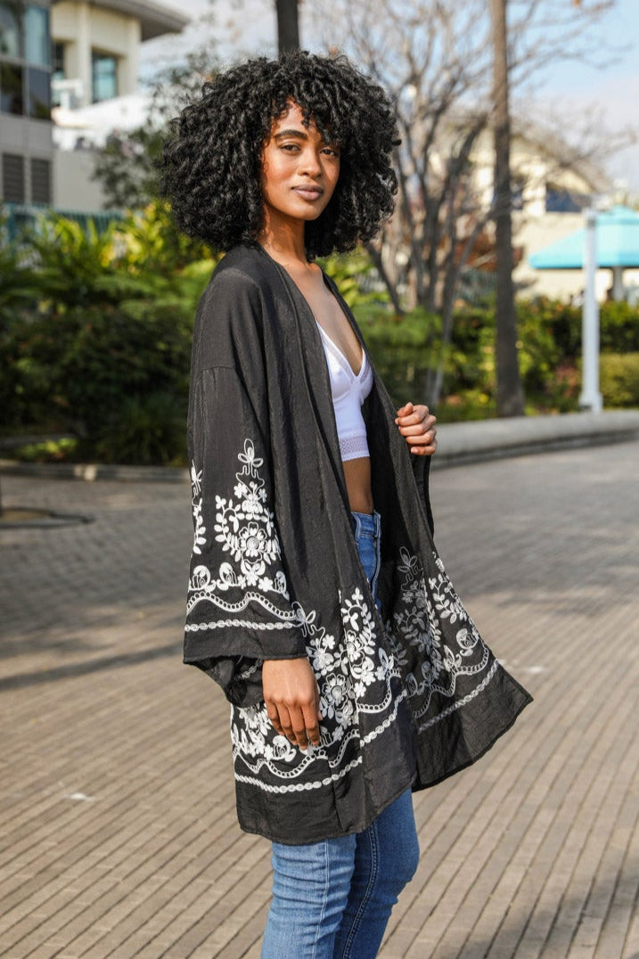 Embroidered Floral Vine Kimono – Elegant and Lightweight - NeoKira Unlimited