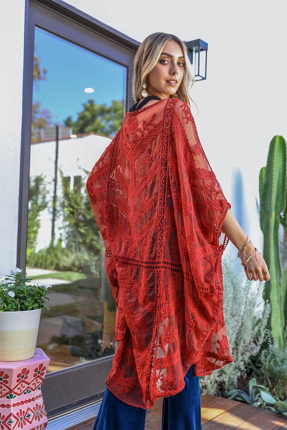 Embroidered Mesh Leaf Kimono