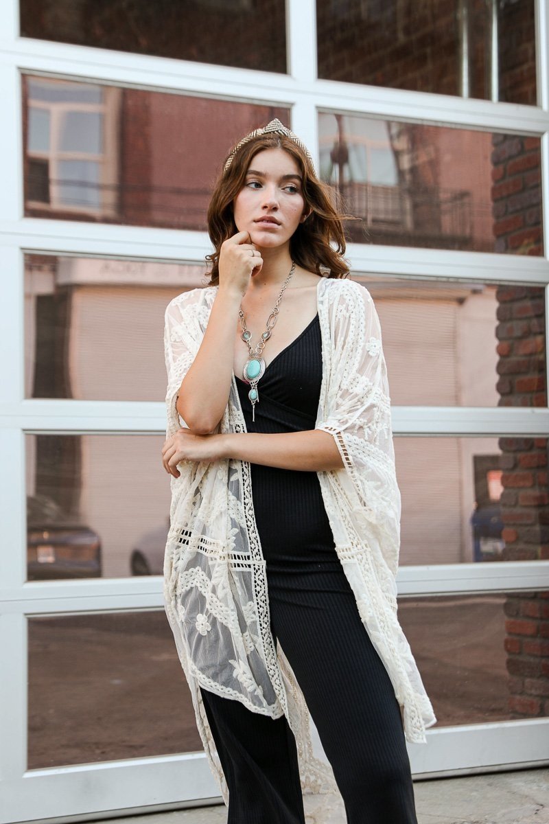 Embroidered Mesh Leaf Kimono Kimono Leto Collection Natural  