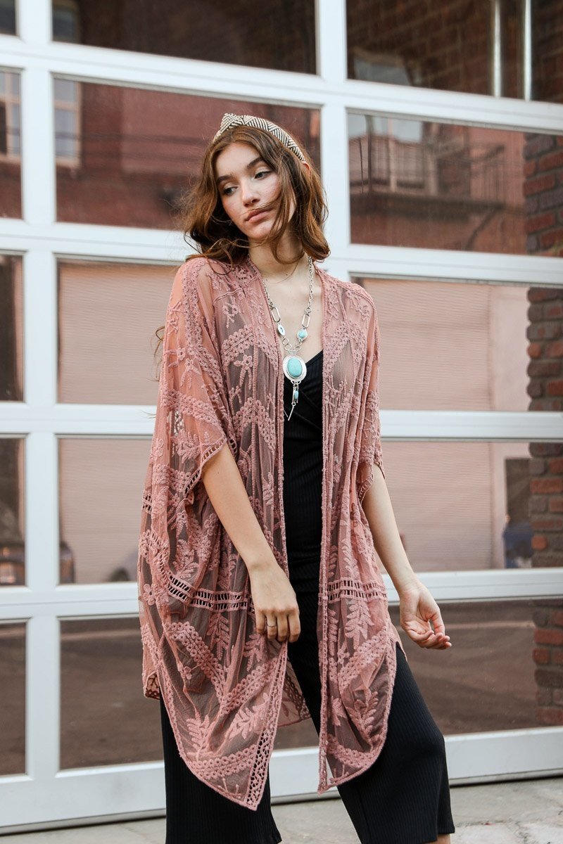 Embroidered Mesh Leaf Kimono Kimono Leto Collection Rose  