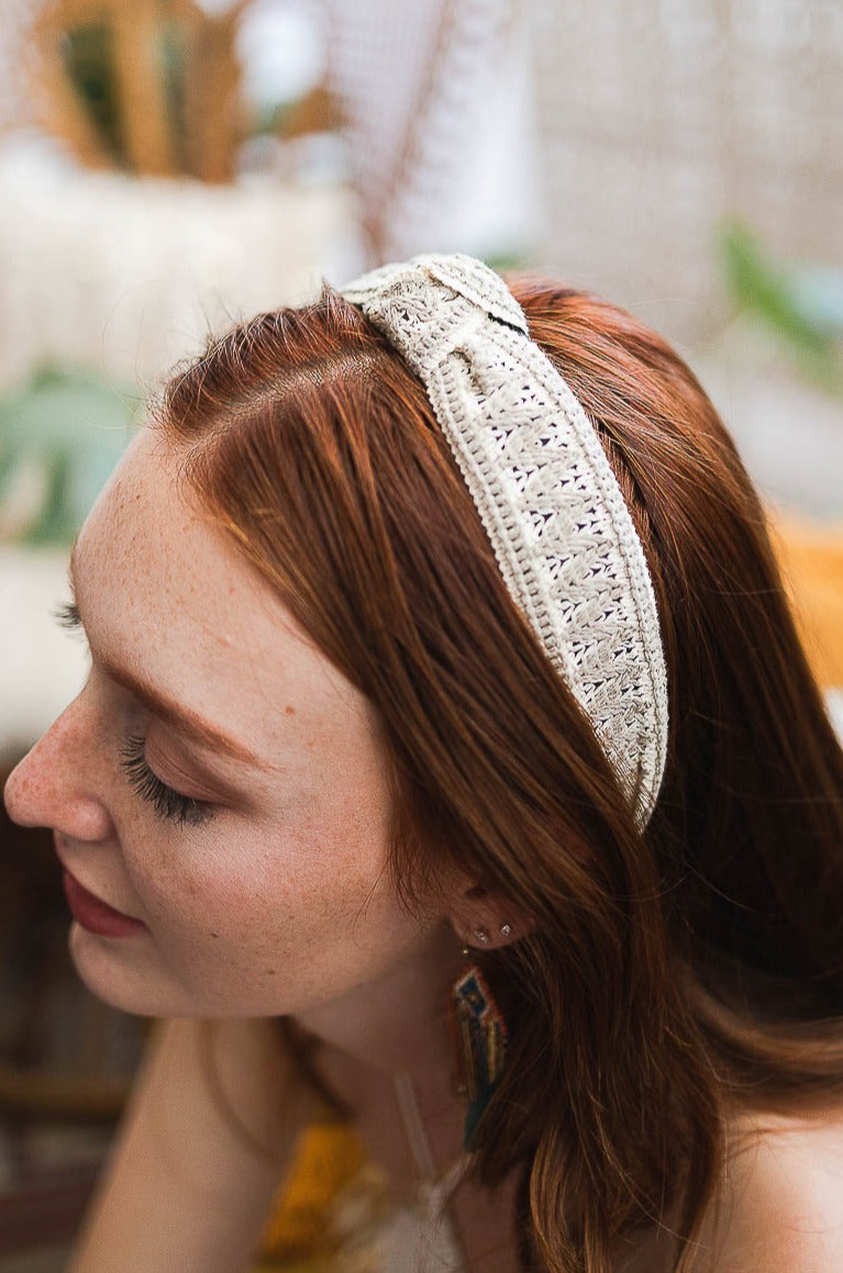 Embroidered Stitch Boho Knot Headband Headbands Leto Collection Gray  