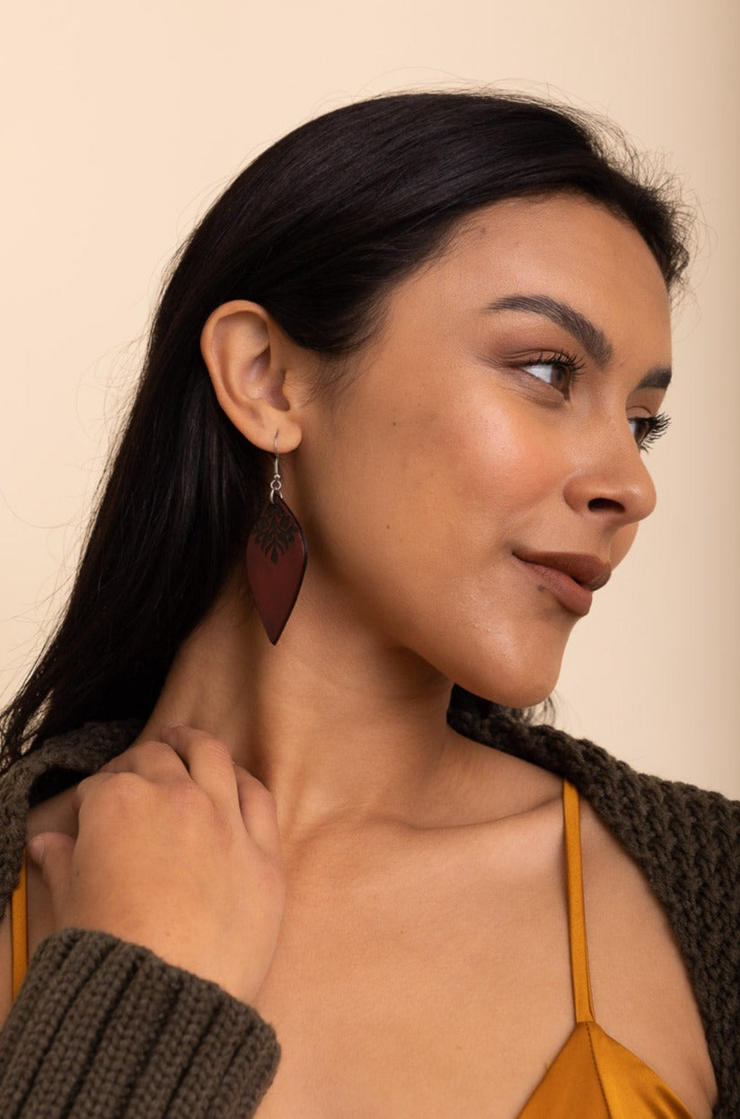 Engraved Leaf Leather Earrings - NeoKira Unlimited