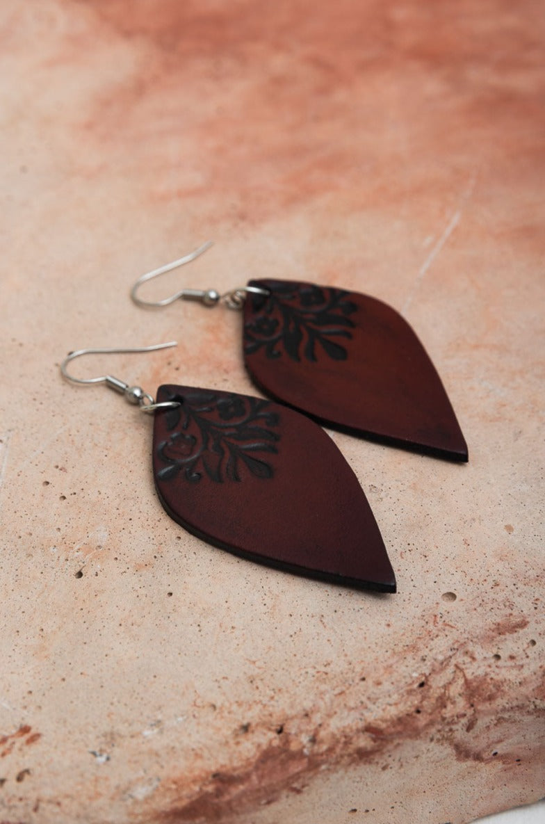 Engraved Leaf Leather Earrings - NeoKira Unlimited