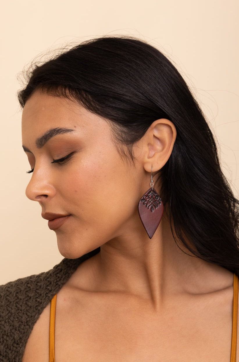 Engraved Leaf Leather Earrings - NeoKira Unlimited