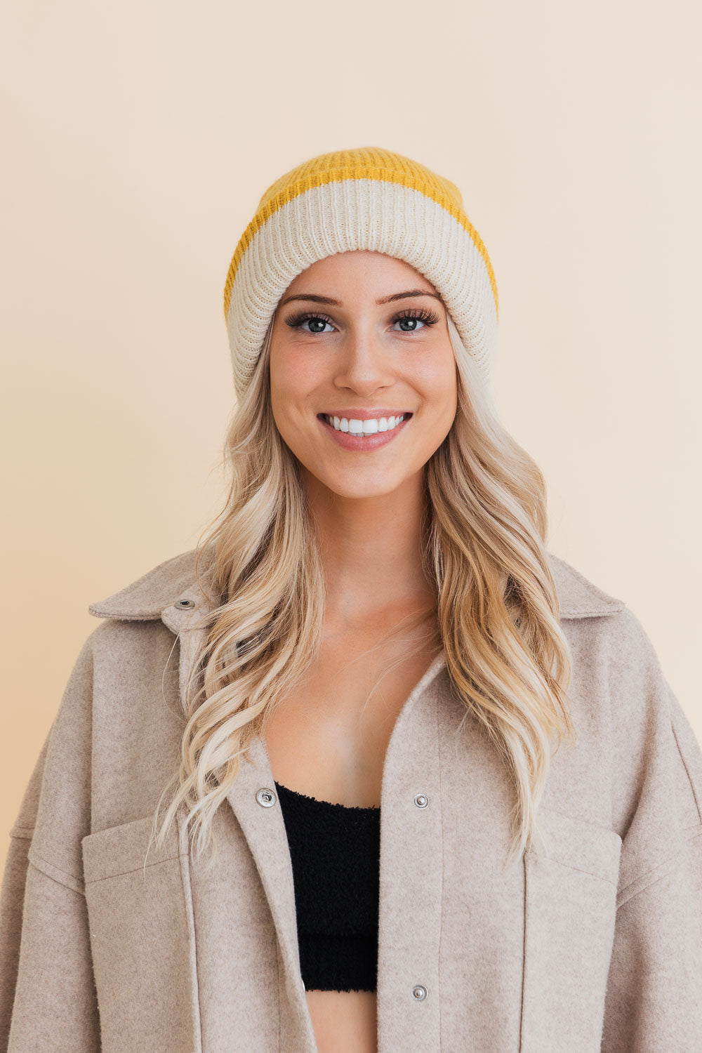 Essential Harmony Two-Tone Knit Beanie Beanies Leto Collection Mustard  