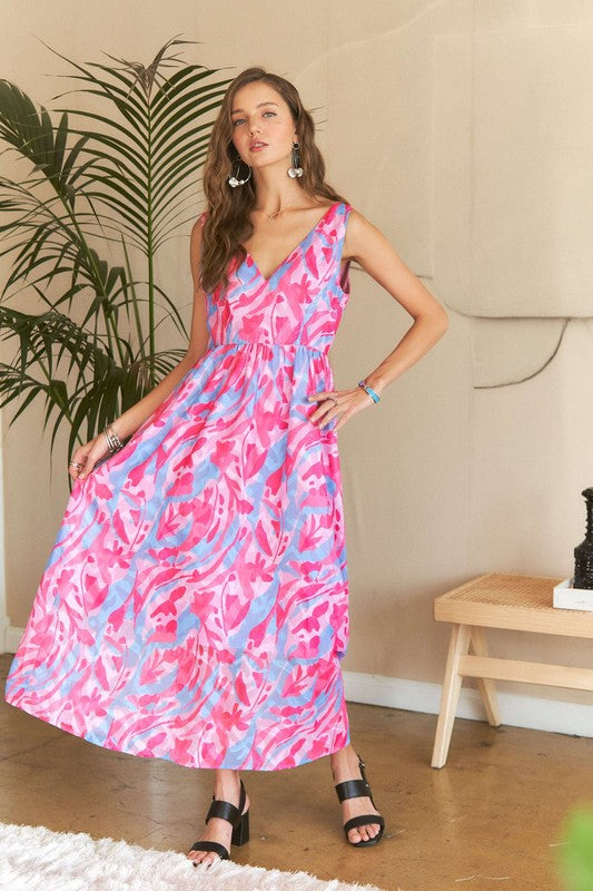 ADORA Abstract Floral V-Neck Maxi Dress - NeoKira Unlimited
