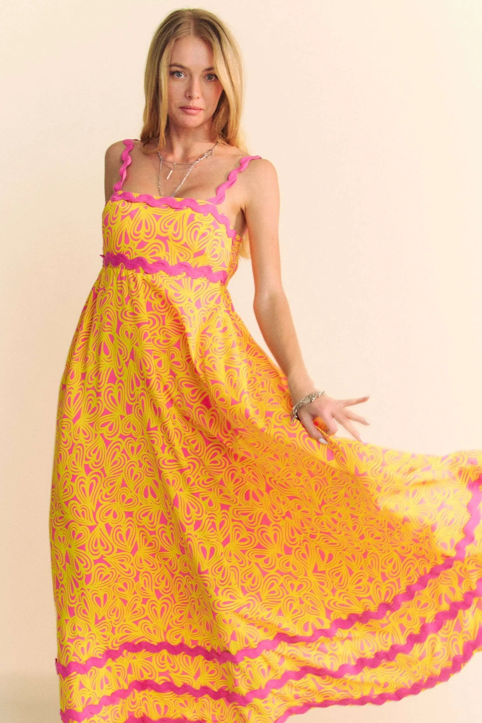 Davi & Dani Geo 2 Tone Printed Wavi Trim Tiered Maxi Dress - NeoKira Unlimited