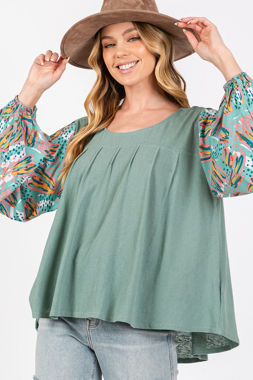 SAGE + FIG Ruched Round Neck Printed Bubble Sleeve Top - NeoKira Unlimited