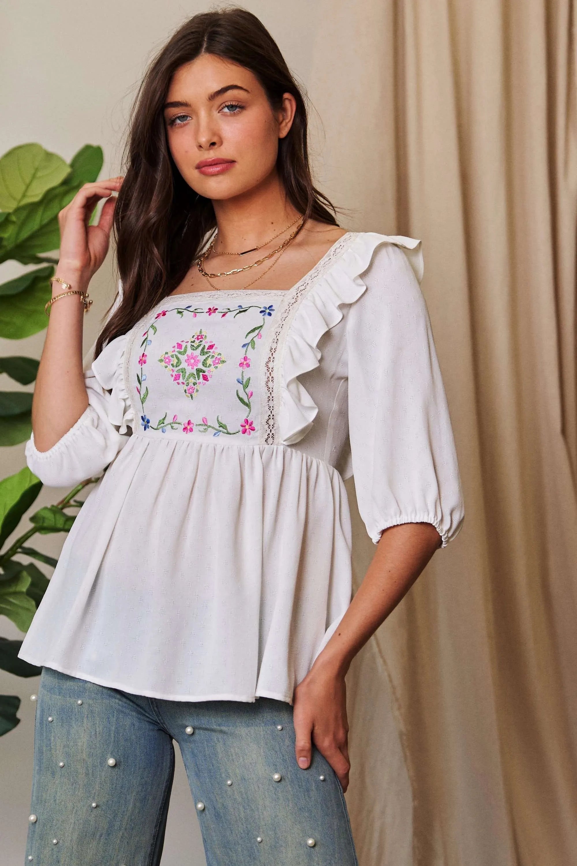 Davi & Dani Texture Tie Back Floral Embroidery Frill Romantic Blouse - NeoKira Unlimited