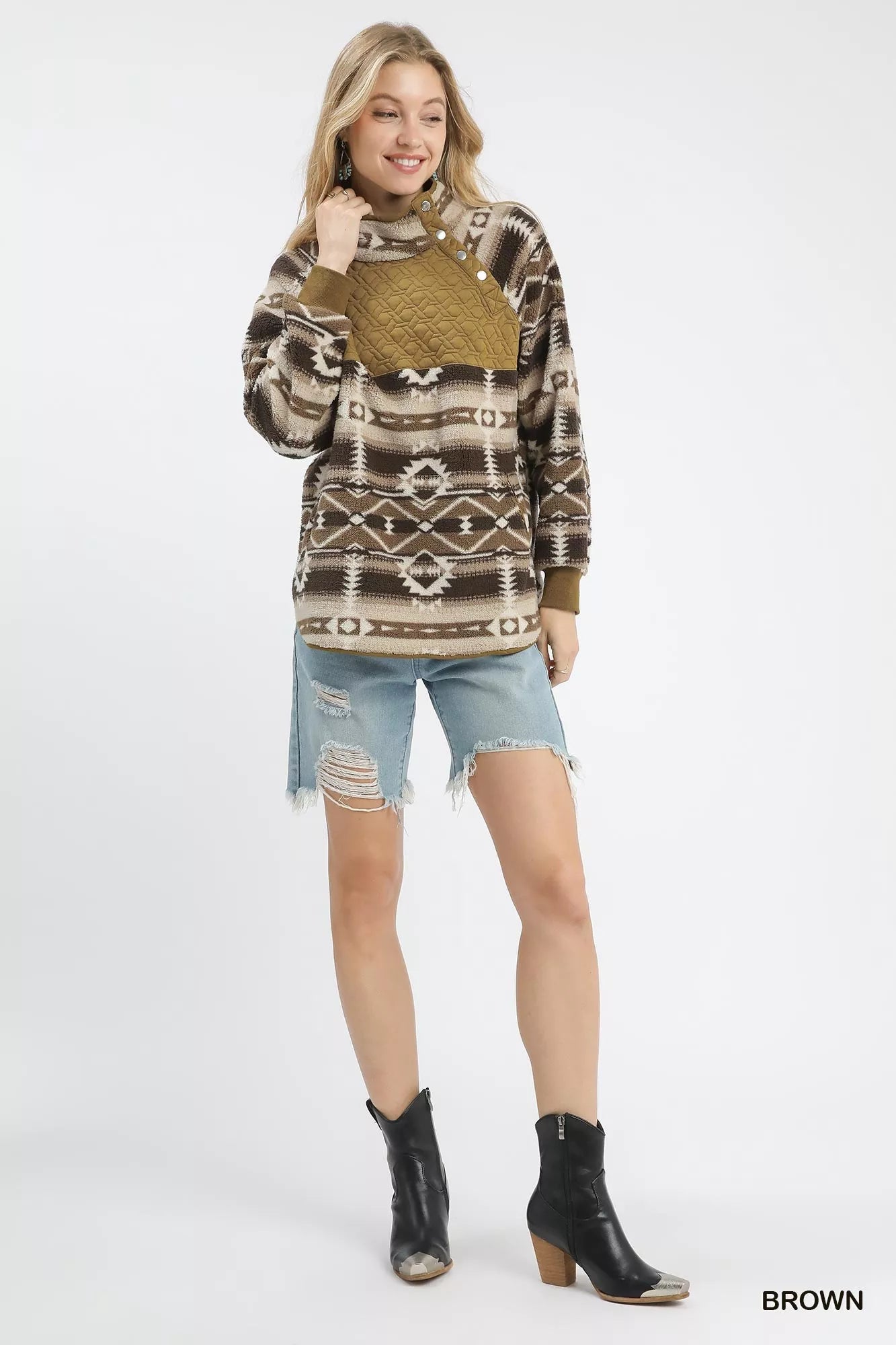 Umgee Aztec Print Sherpa Oversized Pullover Boho Western Style - NeoKira Unlimited