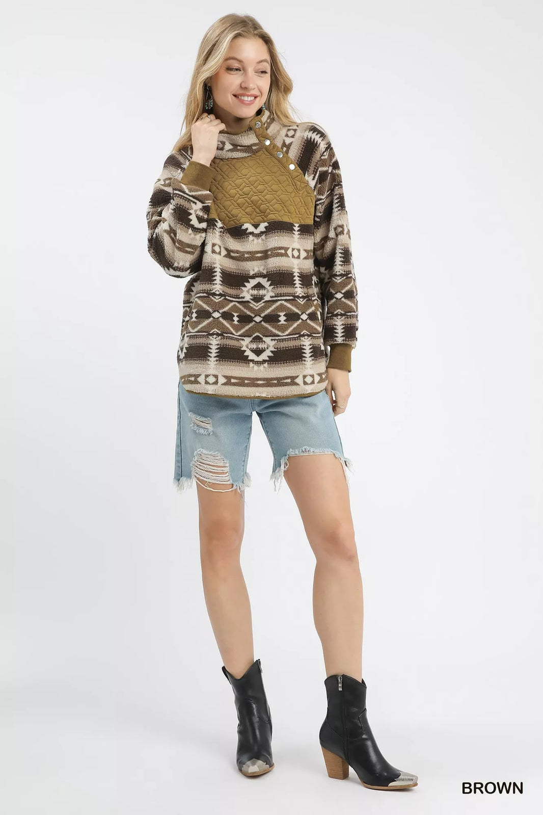 Umgee Aztec Print Sherpa Oversized Pullover Boho Western Style - NeoKira Unlimited