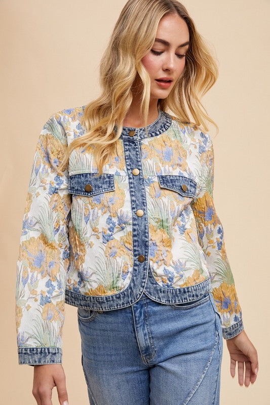 Annie Wear Floral Jacquard Denim Contrast Button Down Jacket - NeoKira Unlimited