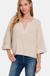 Zenana Notched Side Slit Patch Sweater Sweater Trendsi H Sand Beige S/M 