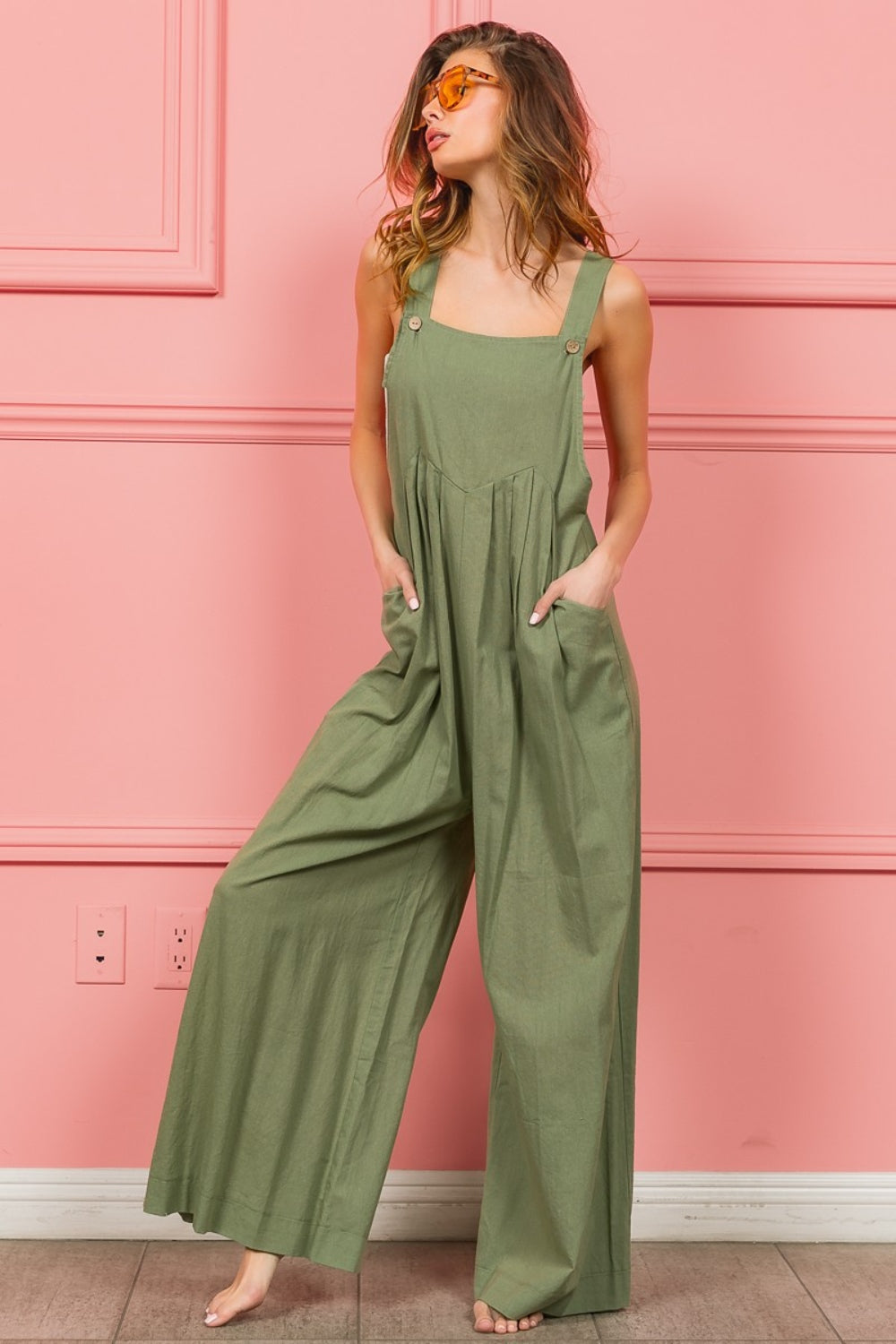 BiBi Ruched Wide Leg Overalls with Pockets Overalls Trendsi   