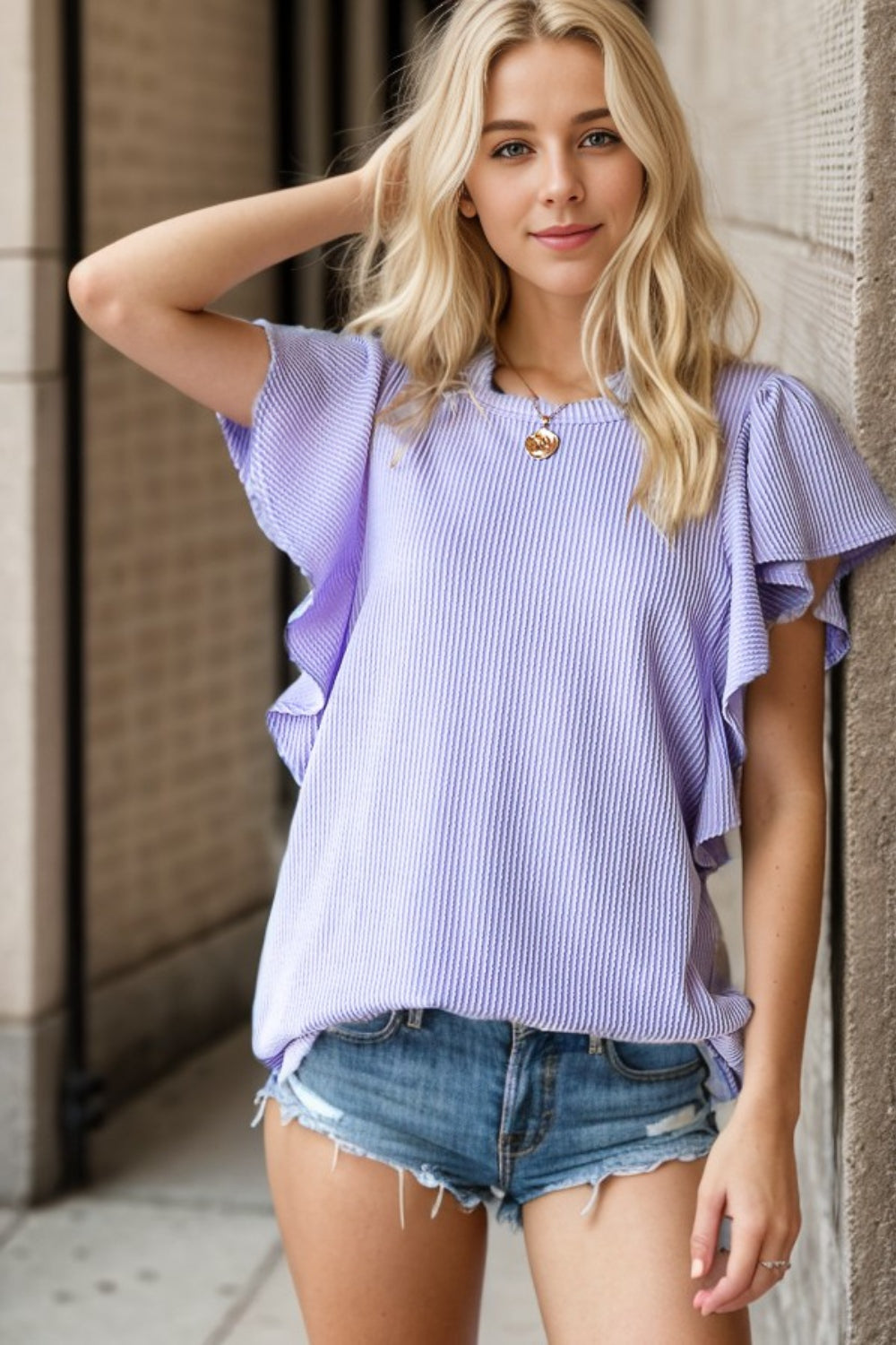 Heimish Full Size Ruffled Sleeve Ribbed Top Top Trendsi Lavender S 