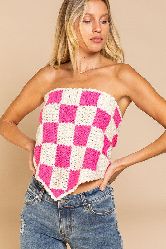 POL Checkerboard Pattern Tube Top Sweater - NeoKira Unlimited