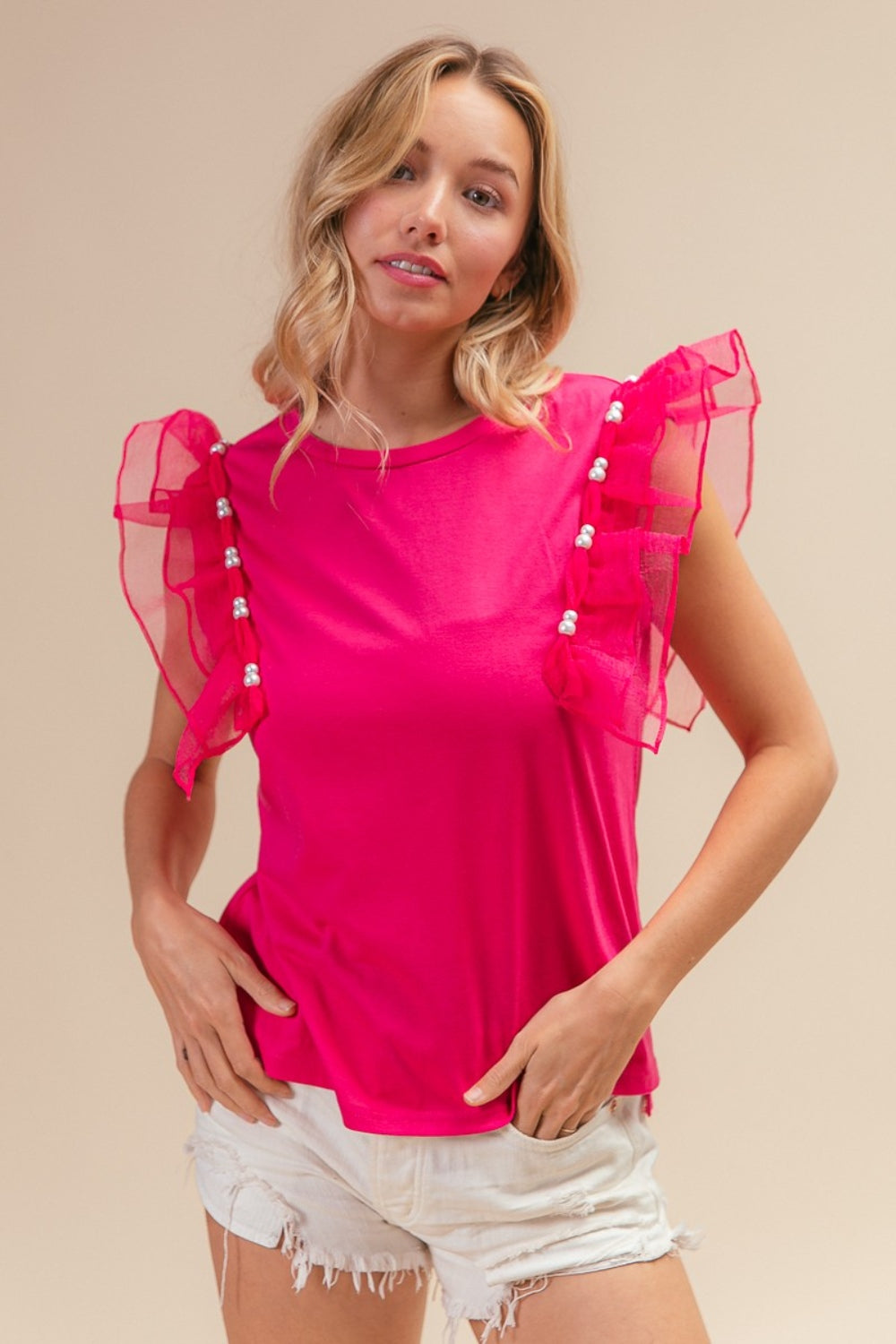 BiBi Pearl Decor Mesh Ruffle Sleeve Top Top Trendsi   