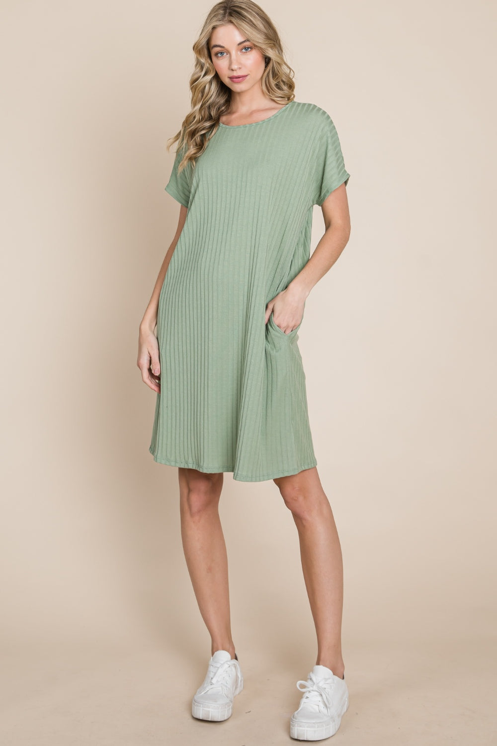 BOMBOM Ribbed Round Neck Short Sleeve Dress - NeoKira Unlimited
