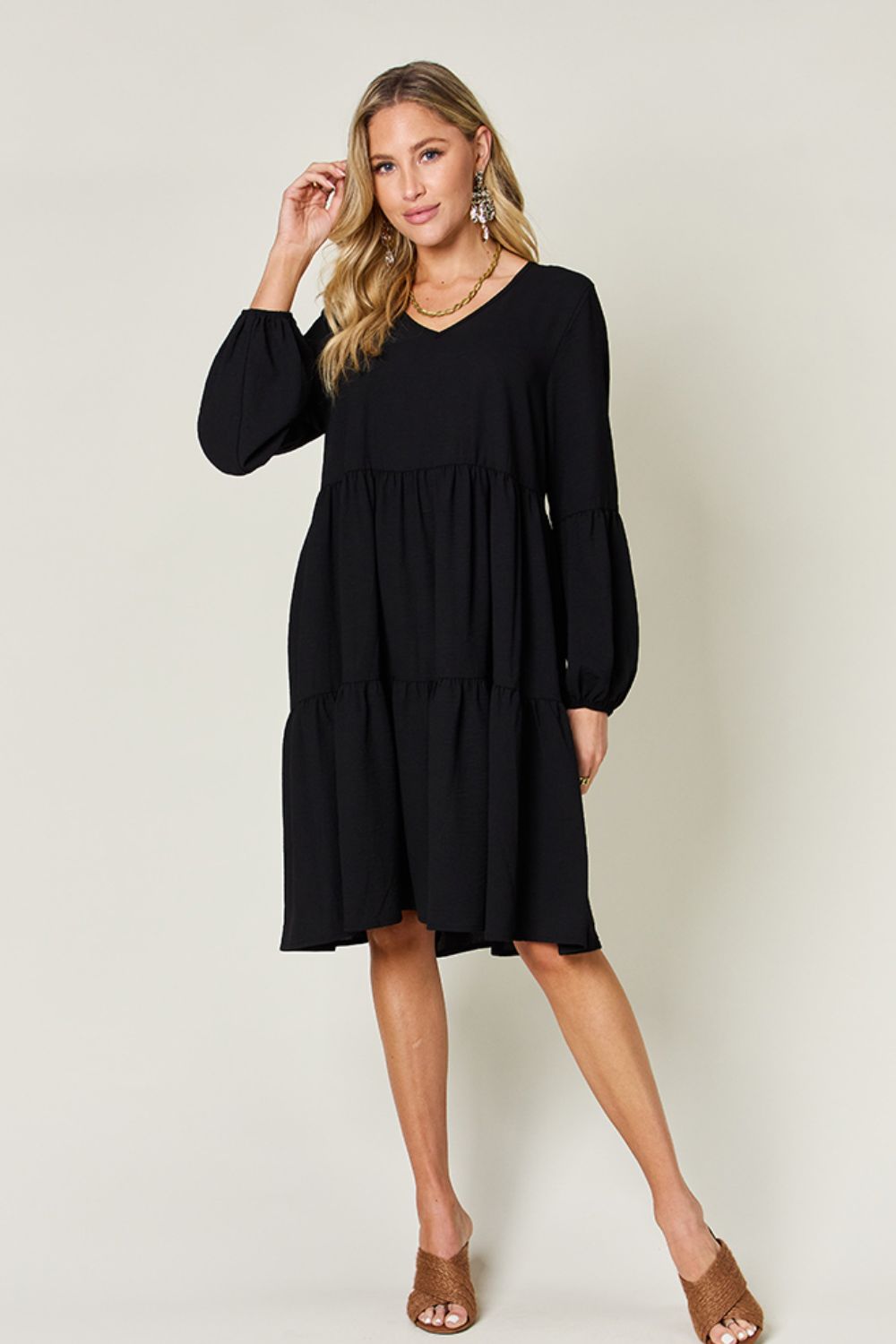 Double Take Full Size V-Neck Balloon Sleeve Tiered Dress - NeoKira Unlimited