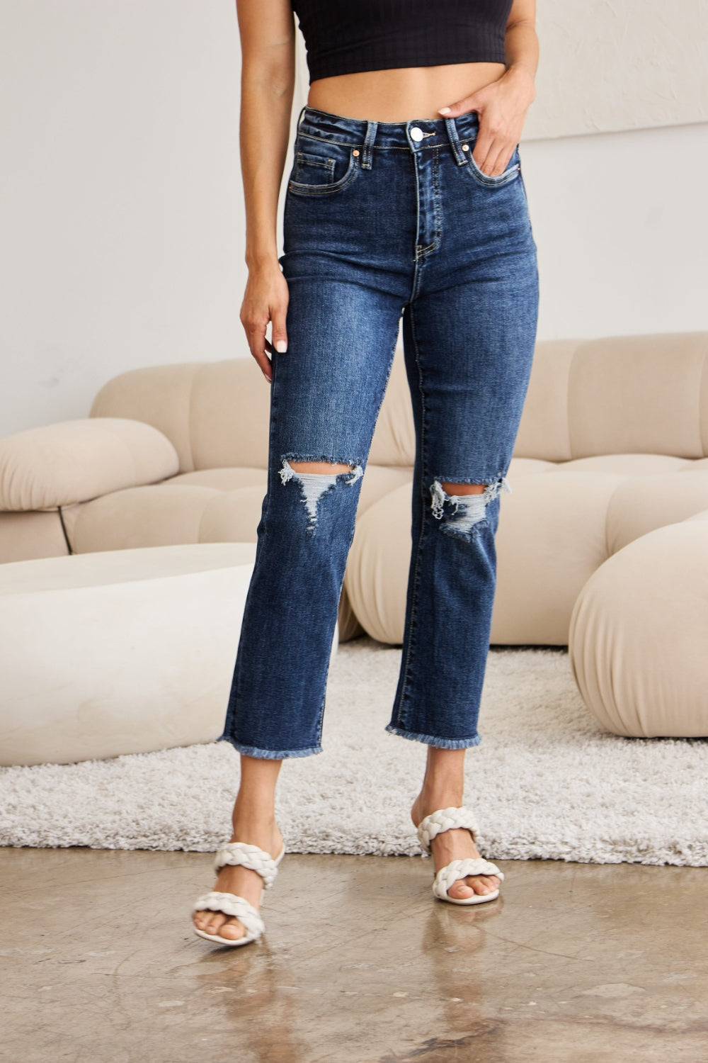 RFM Full Size Tummy Control Distressed High Waist Raw Hem Jeans - NeoKira Unlimited